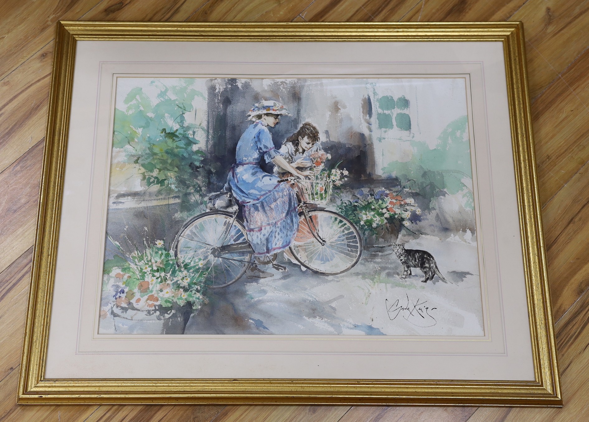 Gordon King (b.1939), watercolour, Ladies on bikes, signed, 53 x 70cm